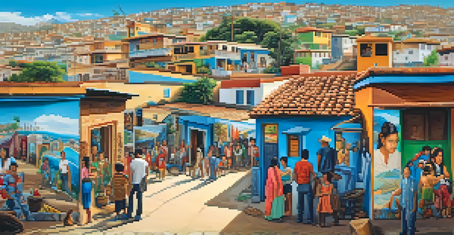 A neighborhood in Peru filled with diverse murals, showcasing local culture, with people enjoying the artistic environment.