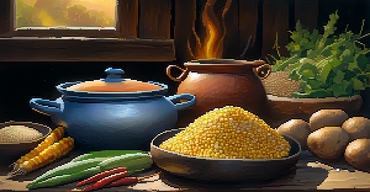 A cozy kitchen scene displaying traditional Peruvian cooking methods with clay pots and fresh ingredients on a wooden table.