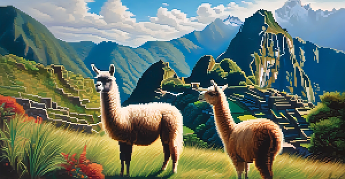A peaceful scene of the Inca Trail with llamas grazing amidst green vegetation and mountains under a blue sky.