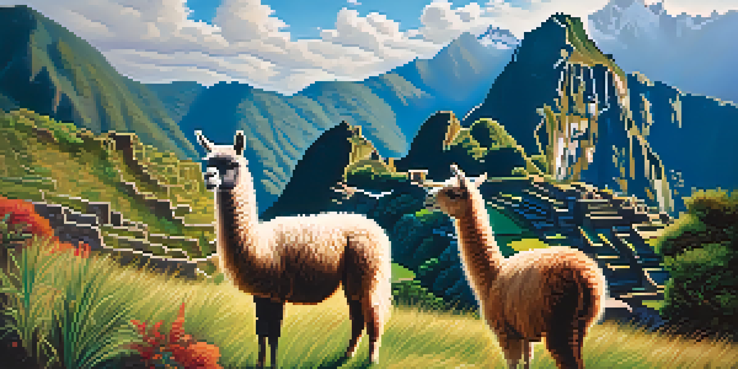 A peaceful scene of the Inca Trail with llamas grazing amidst green vegetation and mountains under a blue sky.