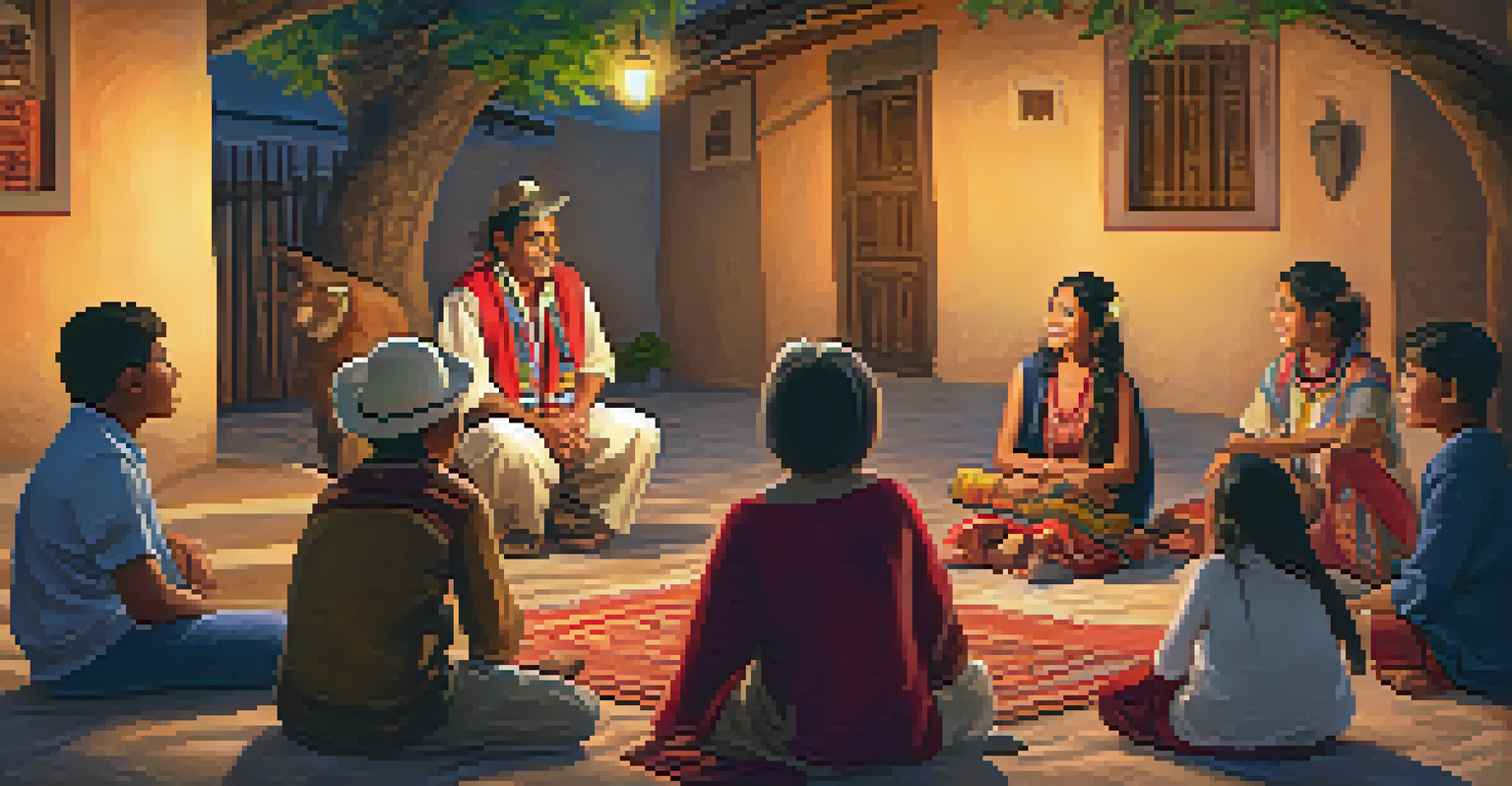A storyteller in a village square sharing folklore, with an engaged audience illuminated by warm evening light.