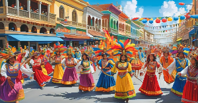 A lively parade scene from Peru's Carnival with people in colorful costumes and masks, dancing and celebrating under a clear blue sky.
