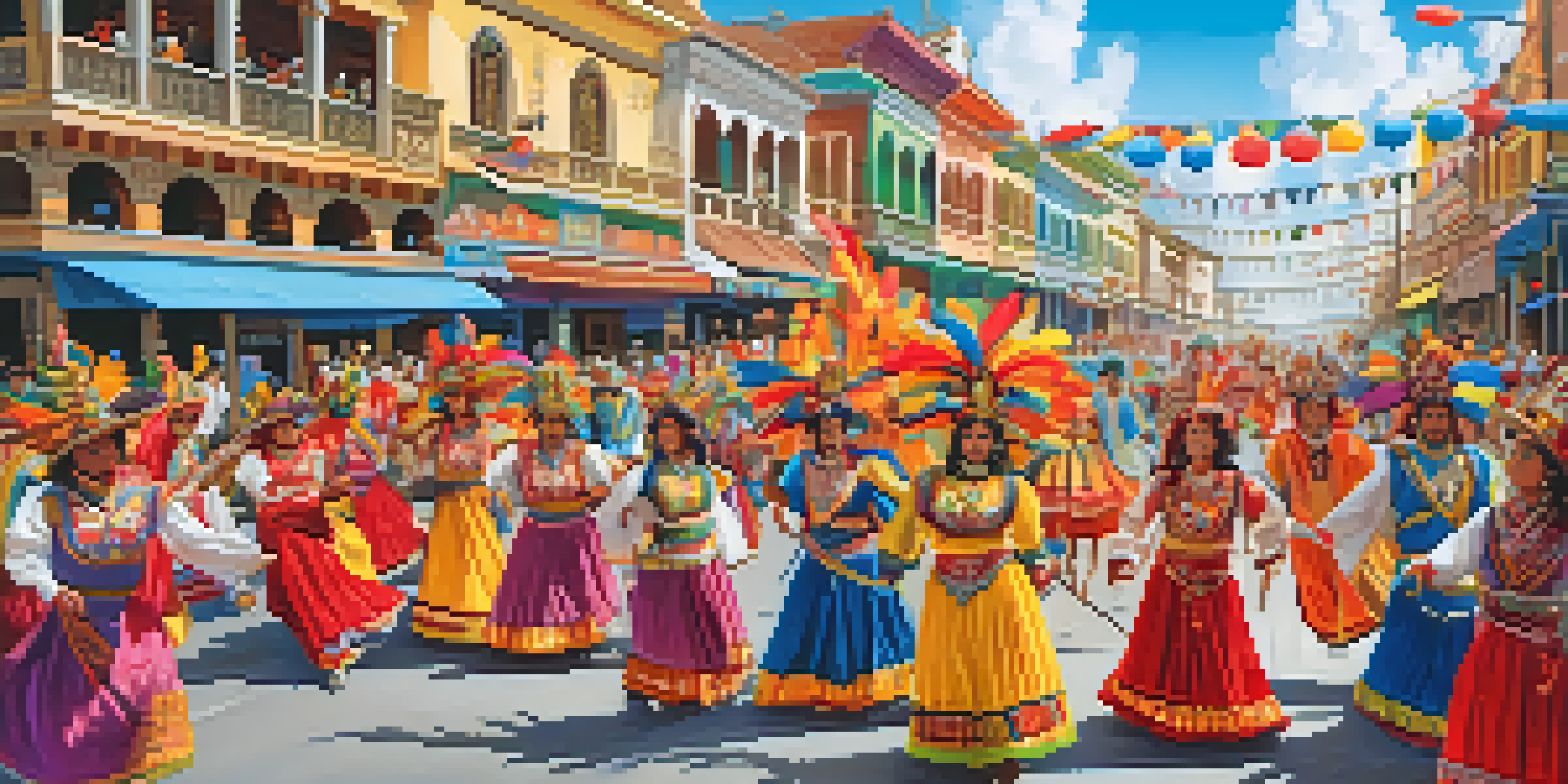 A lively parade scene from Peru's Carnival with people in colorful costumes and masks, dancing and celebrating under a clear blue sky.