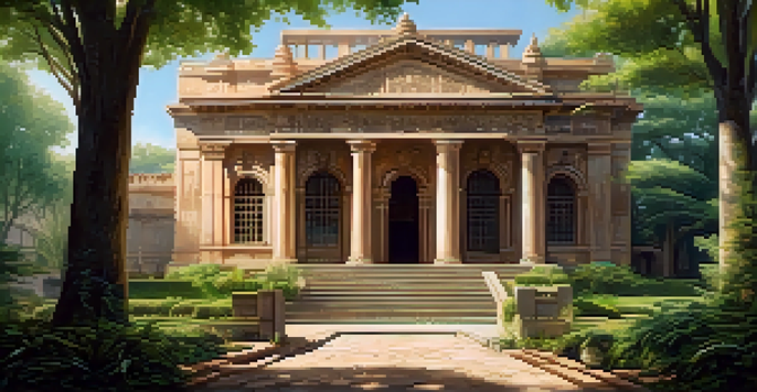 A historical heritage site with an ancient building surrounded by trees, with sunlight filtering through, and a diverse group of visitors admiring it.
