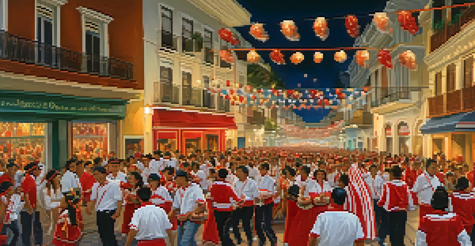 Celebration of Fiestas Patrias in Lima with families enjoying parades, red and white decorations, and fireworks lighting up the night sky.