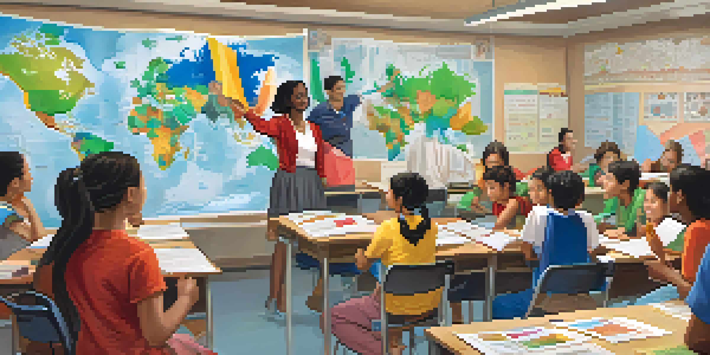 A colorful classroom with diverse students participating in a cultural exchange, practicing languages with a teacher.