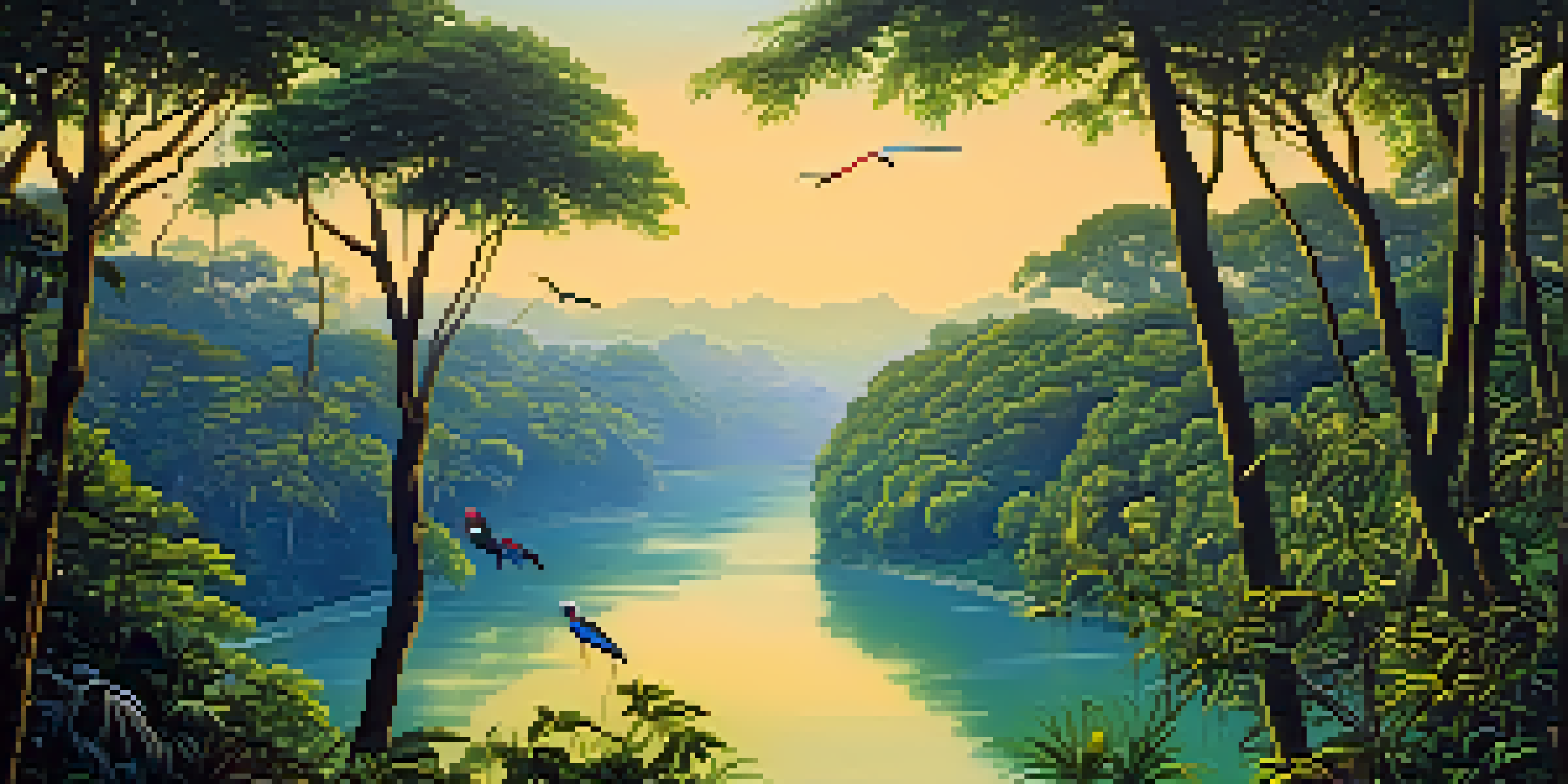 A beautiful landscape of the Amazon Rainforest with a river and colorful birds in the trees.