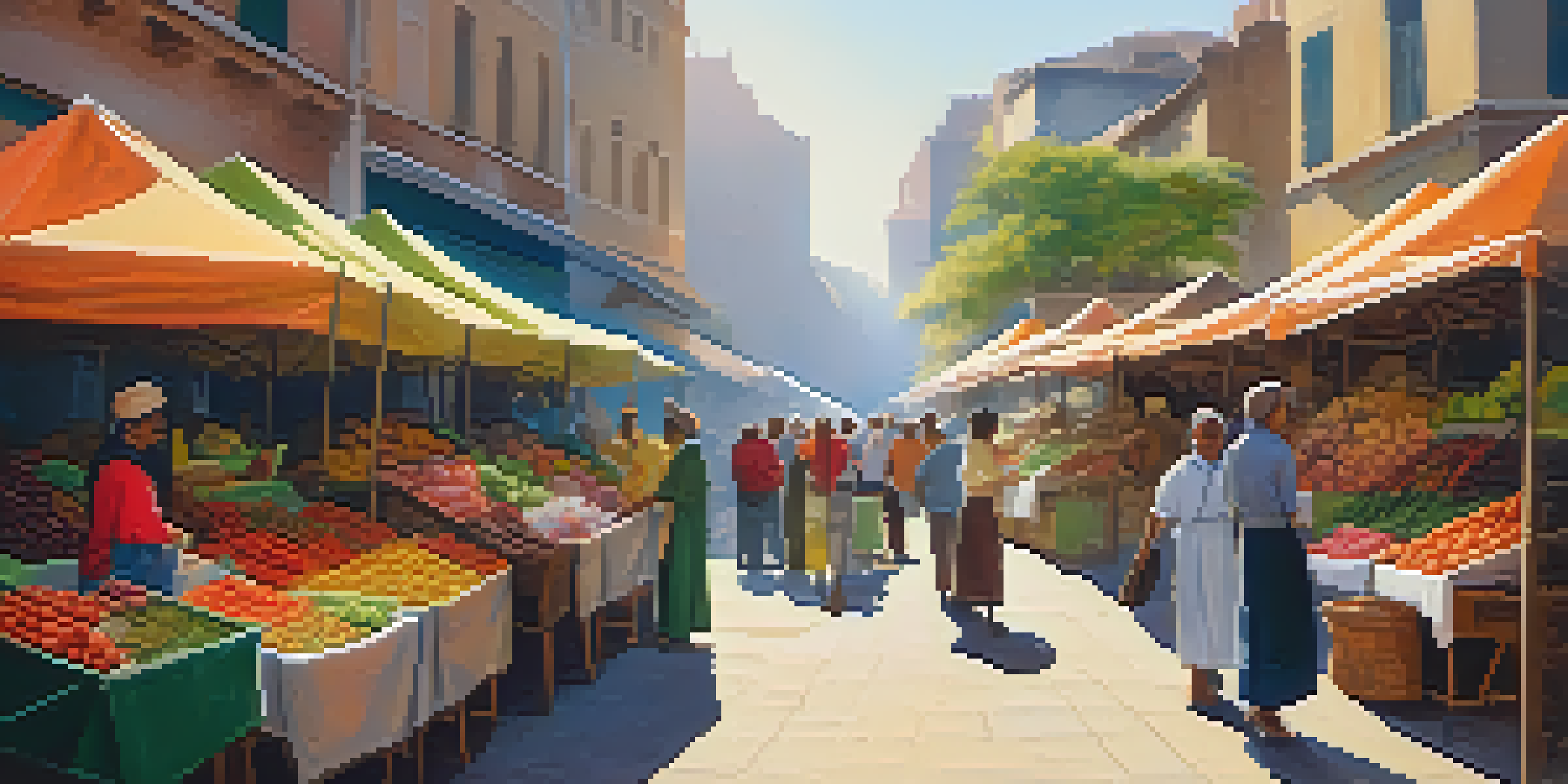 A lively outdoor market with colorful stalls filled with fresh produce and spices, surrounded by engaged visitors and vendors.