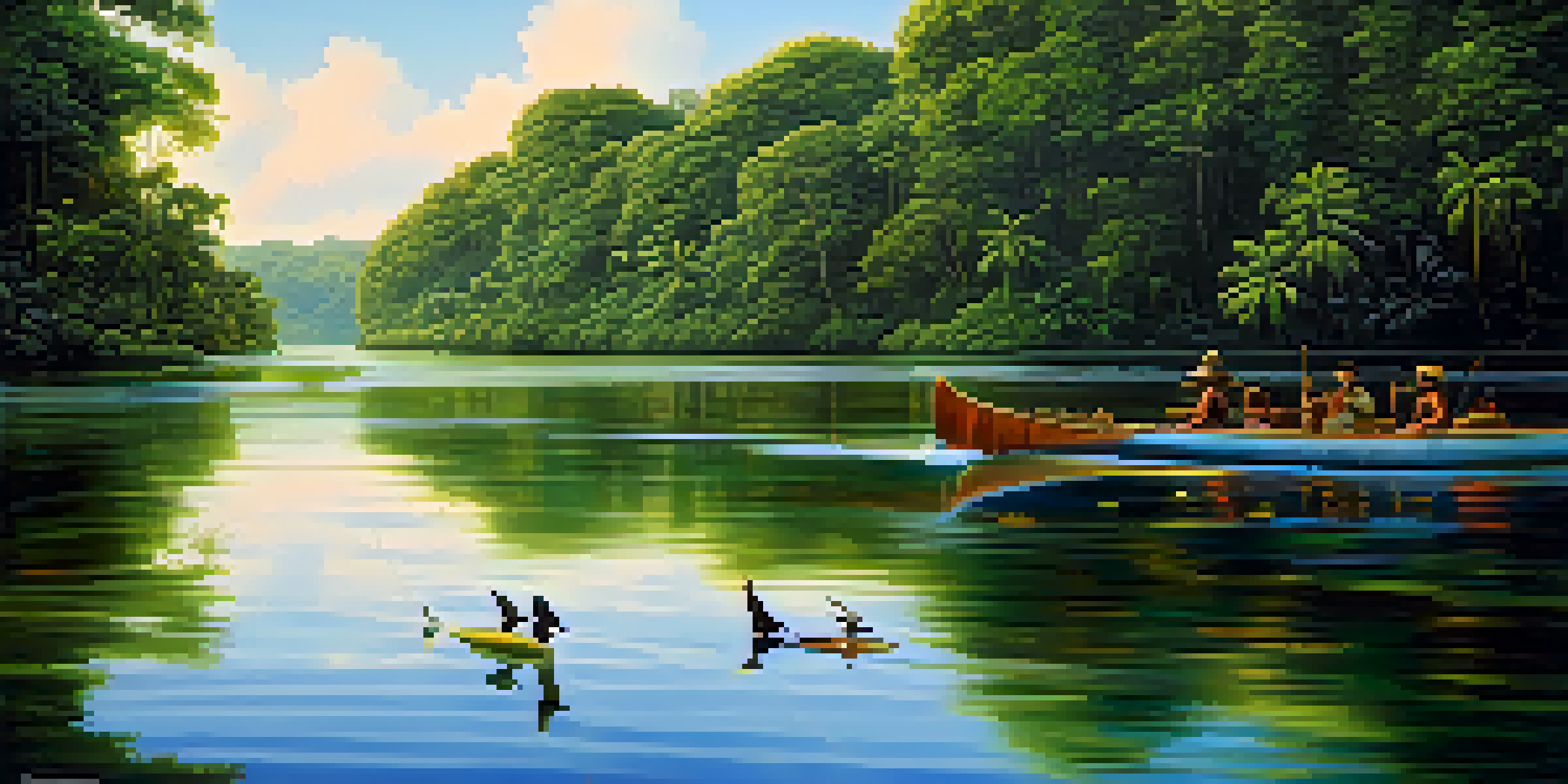 A canoe on a tranquil Amazon river surrounded by dense green foliage and colorful birds, with sunlight filtering through the trees.