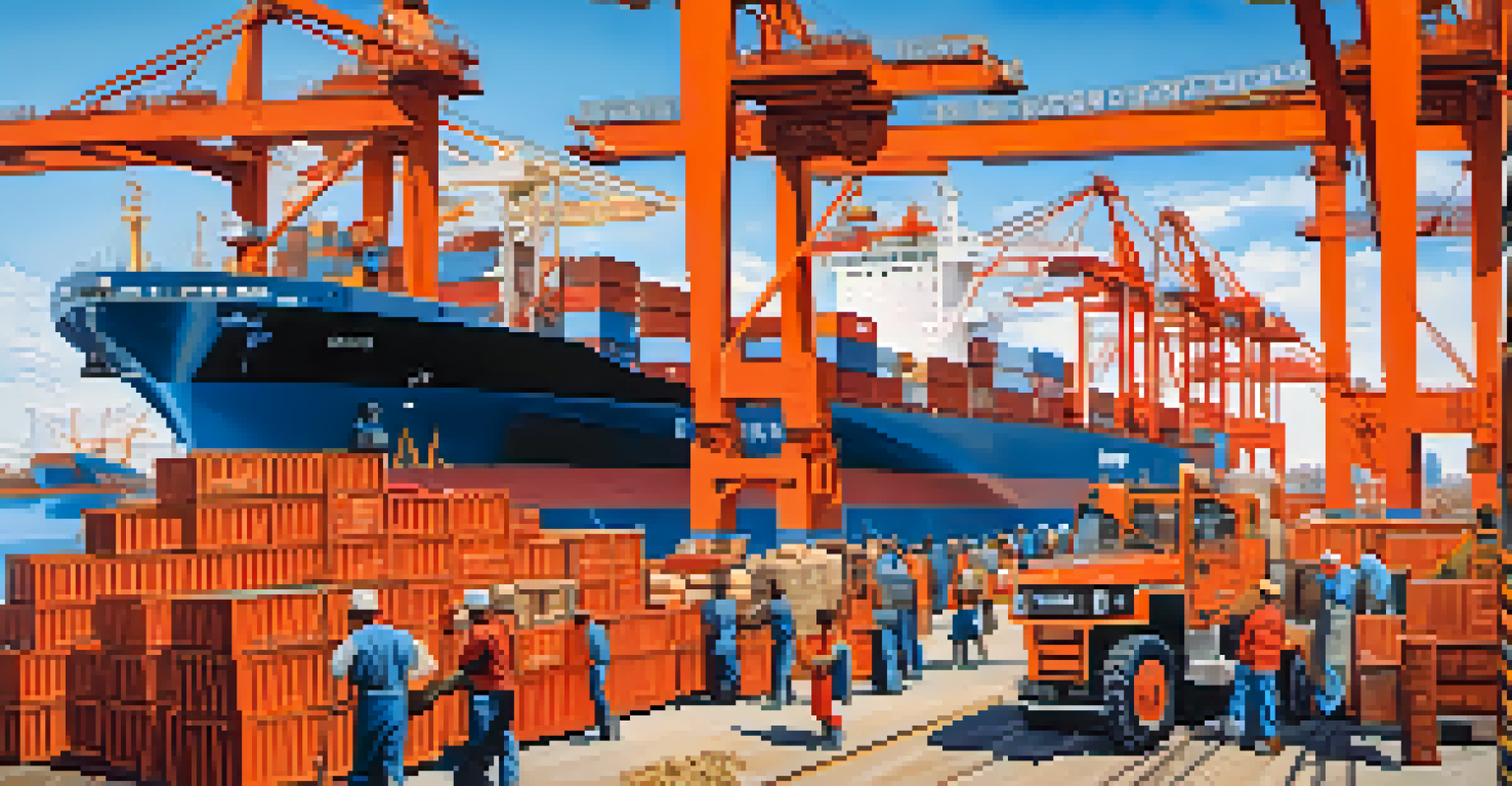 A modern trade scene in a Peruvian port with cargo ships unloading goods and vibrant activity.