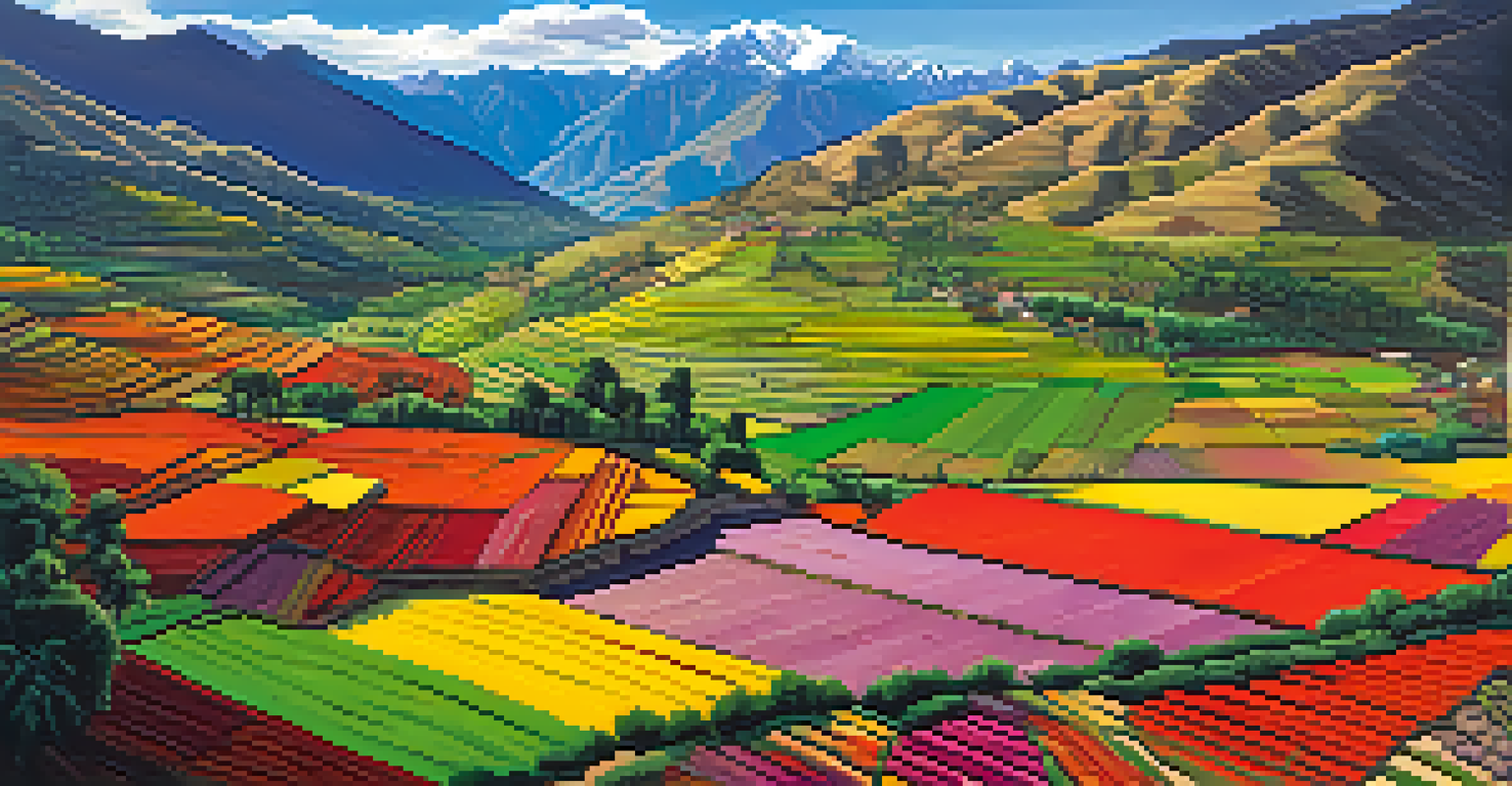 Scenic view of the Sacred Valley with terraced agricultural fields and the Andes mountains in the background.