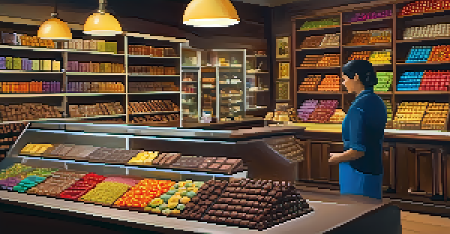 An inviting artisan chocolate shop in Peru, showcasing colorful chocolate confections and a welcoming atmosphere.