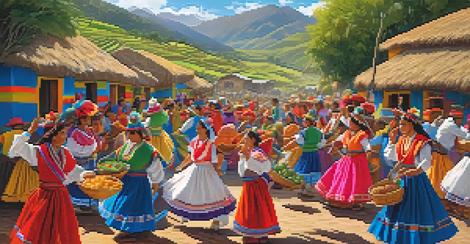 A lively Peruvian harvest festival in an Andean village, with people in traditional clothing dancing, decorated llamas, and tables full of local food.