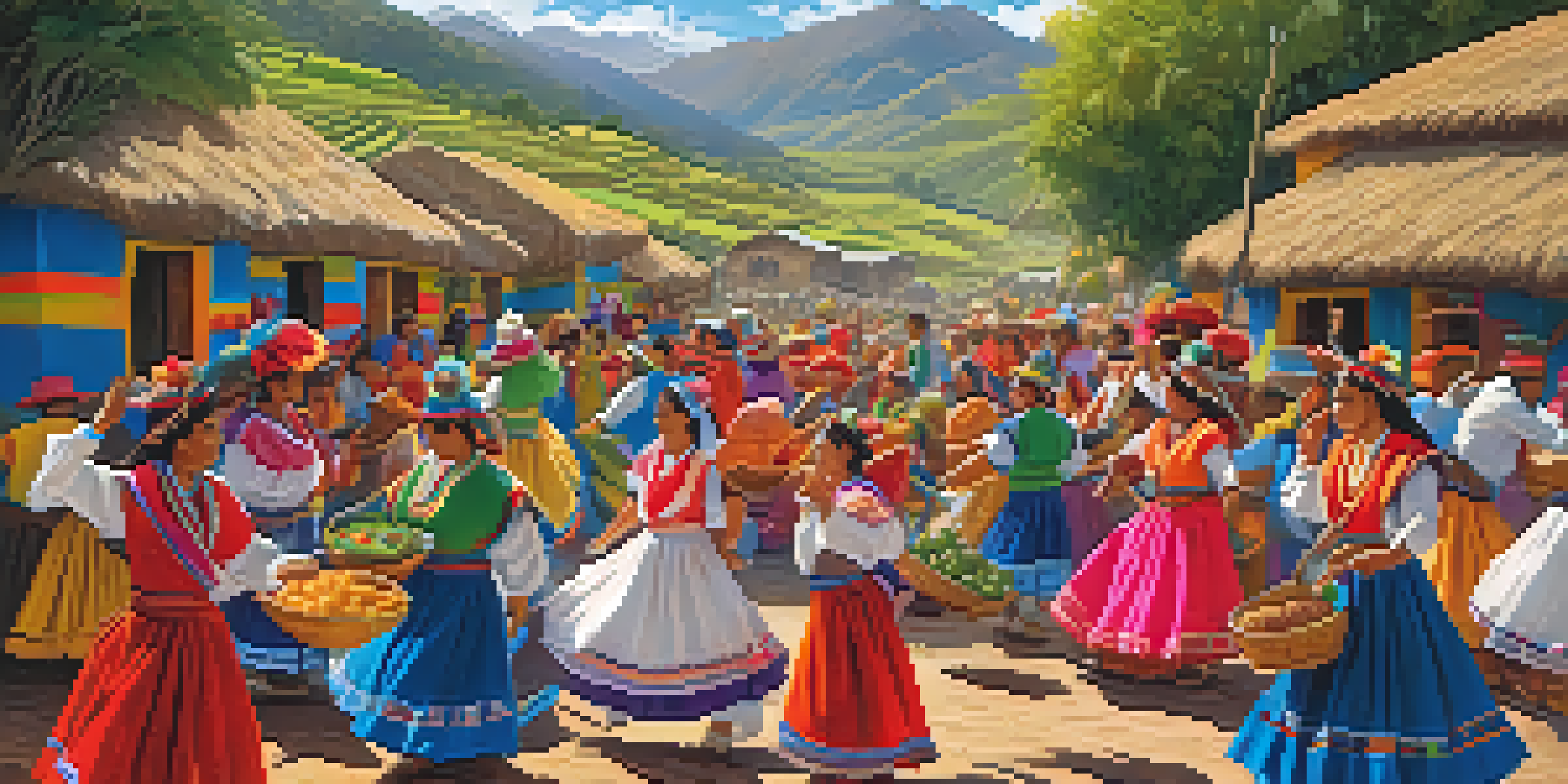 A lively Peruvian harvest festival in an Andean village, with people in traditional clothing dancing, decorated llamas, and tables full of local food.