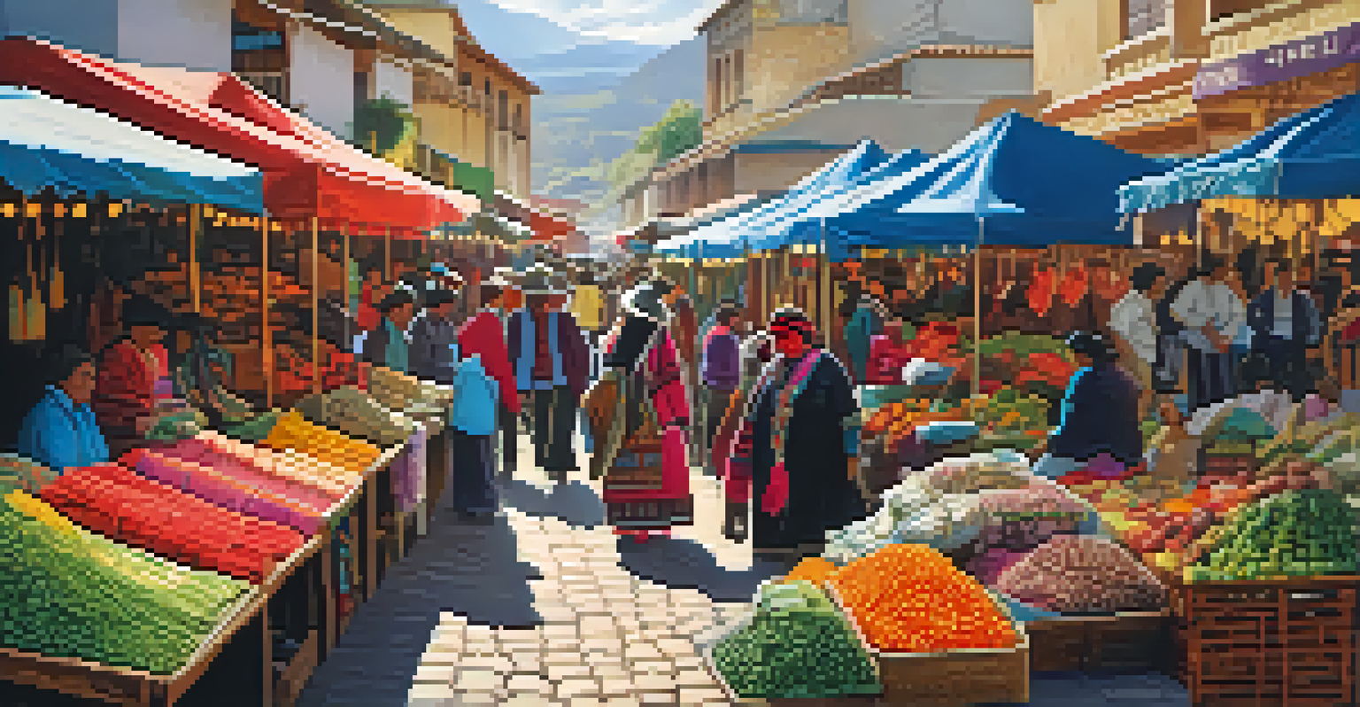 A lively Peruvian market filled with textiles, produce, and shoppers in traditional attire.