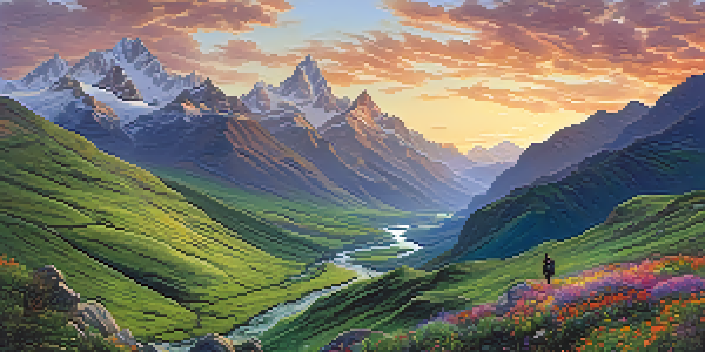 A panoramic view of the magnificent Andes Mountains at sunrise, with a hiker on a rocky outcrop overlooking a lush valley filled with wildflowers and a winding stream.