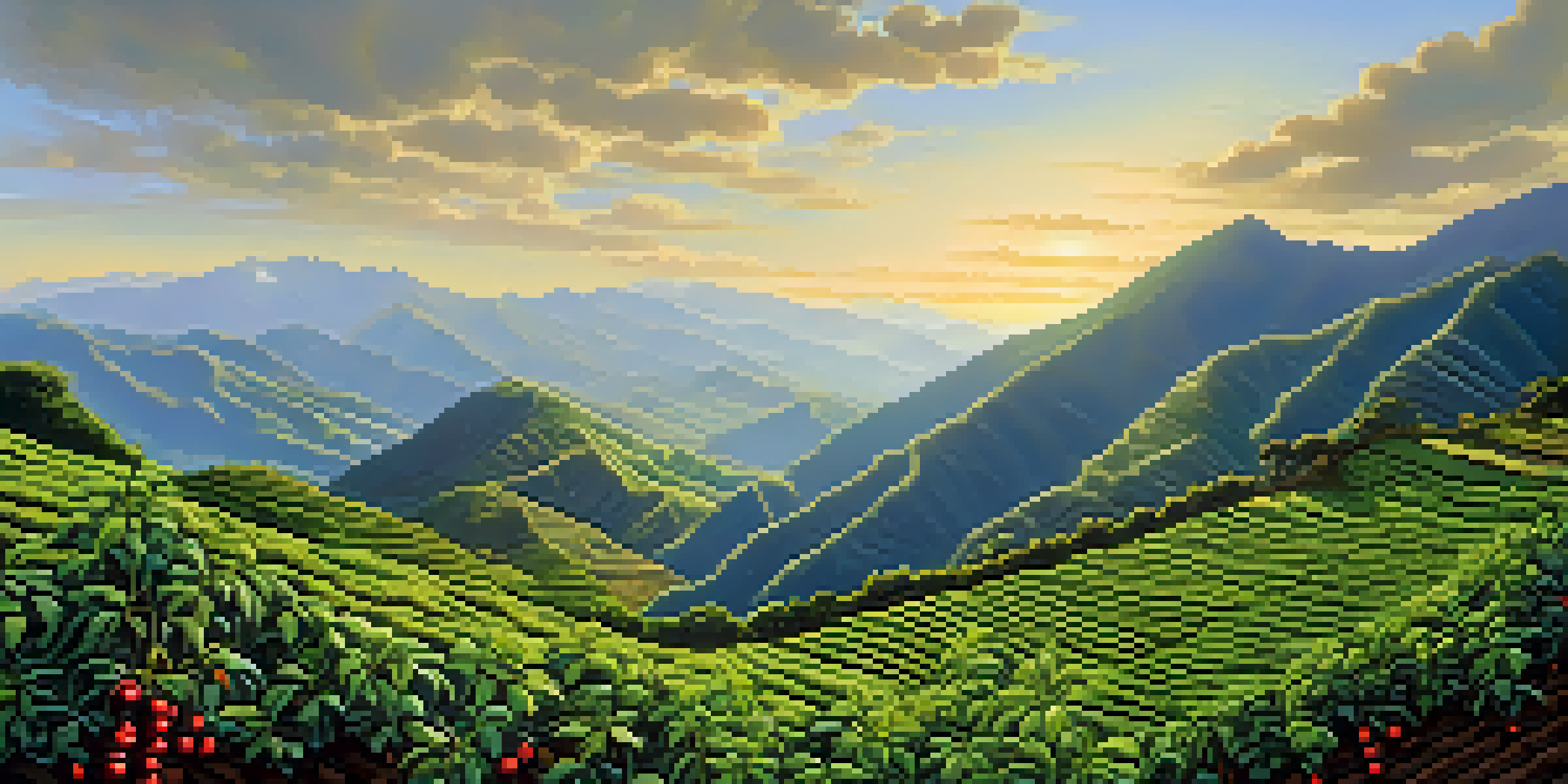 A picturesque view of a coffee plantation in high-altitude Peru with green coffee plants, mountains, and morning sunlight.