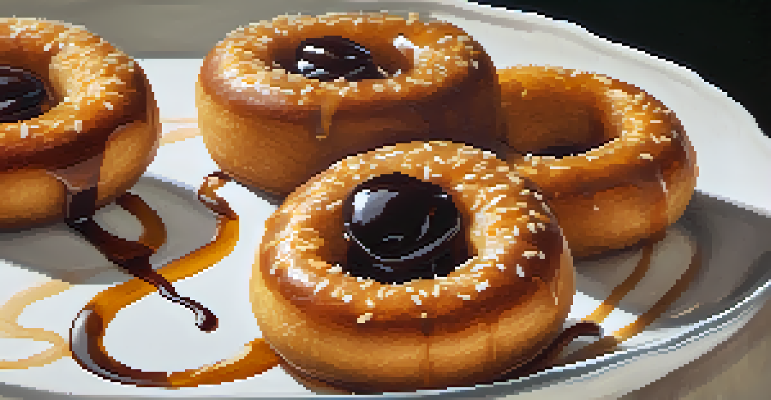 A plate of Picarones, sweet potato and pumpkin doughnuts with syrup, set against a backdrop of Peruvian textiles.