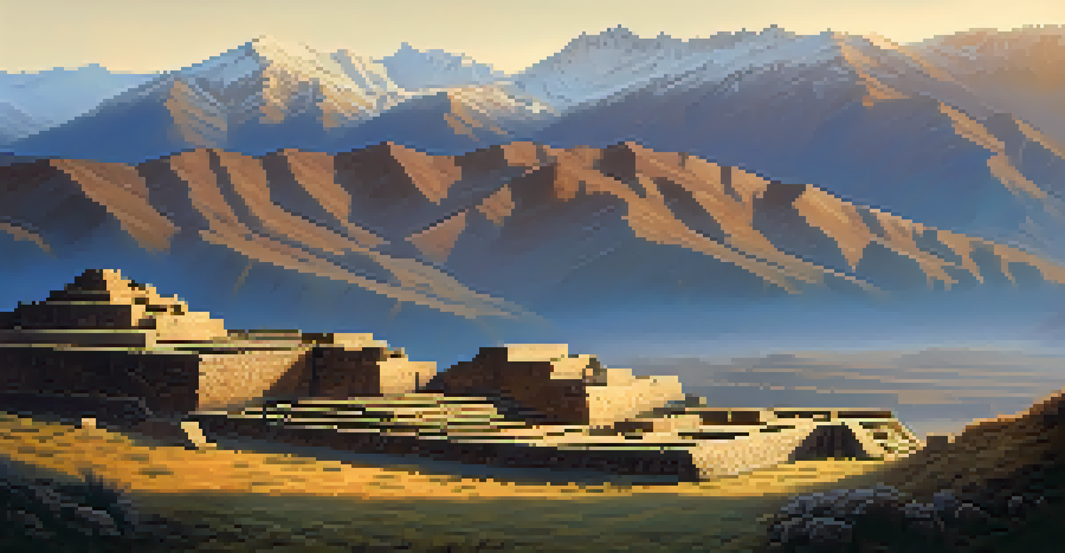 The archaeological ruins of Huchuy Qosqo with stone structures and terraces, surrounded by misty Andes mountains in the morning light.