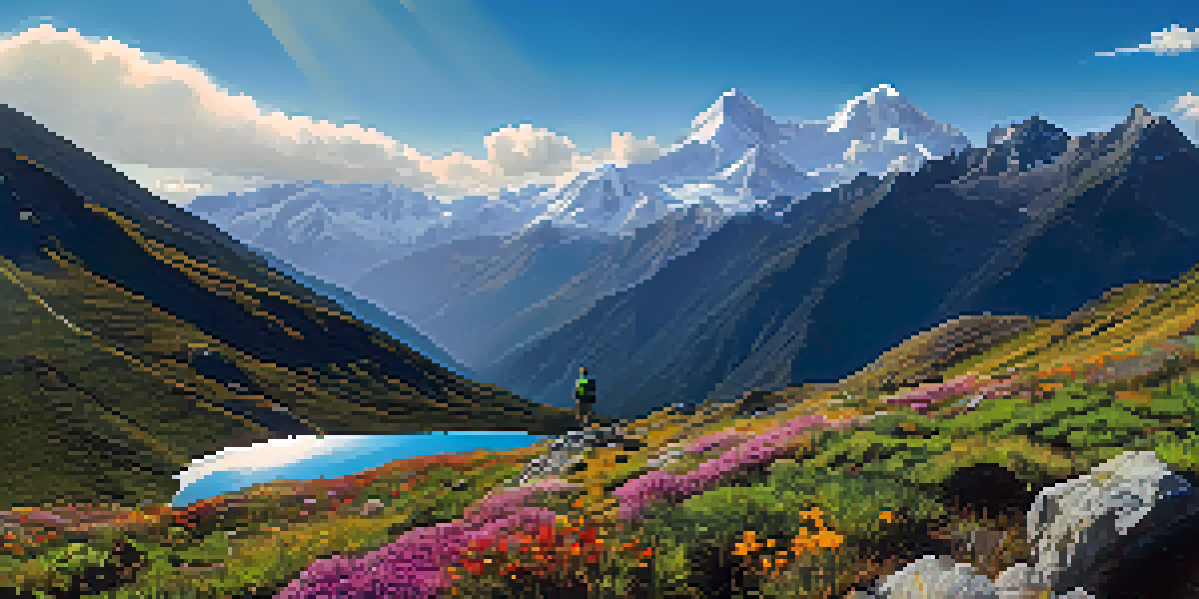 A hiker on a rocky ridge overlooking the stunning Salkantay Mountain with snow, lush valleys, and colorful flowers under a clear sky.
