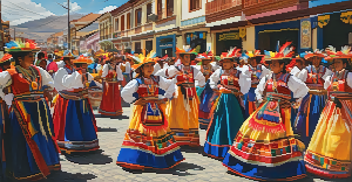 A lively street scene during the Fiesta de la Virgen de la Candelaria, featuring dancers in colorful traditional costumes and musicians playing Andean instruments.
