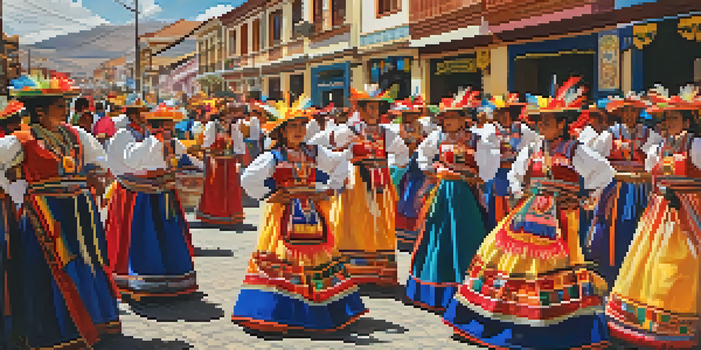 A lively street scene during the Fiesta de la Virgen de la Candelaria, featuring dancers in colorful traditional costumes and musicians playing Andean instruments.