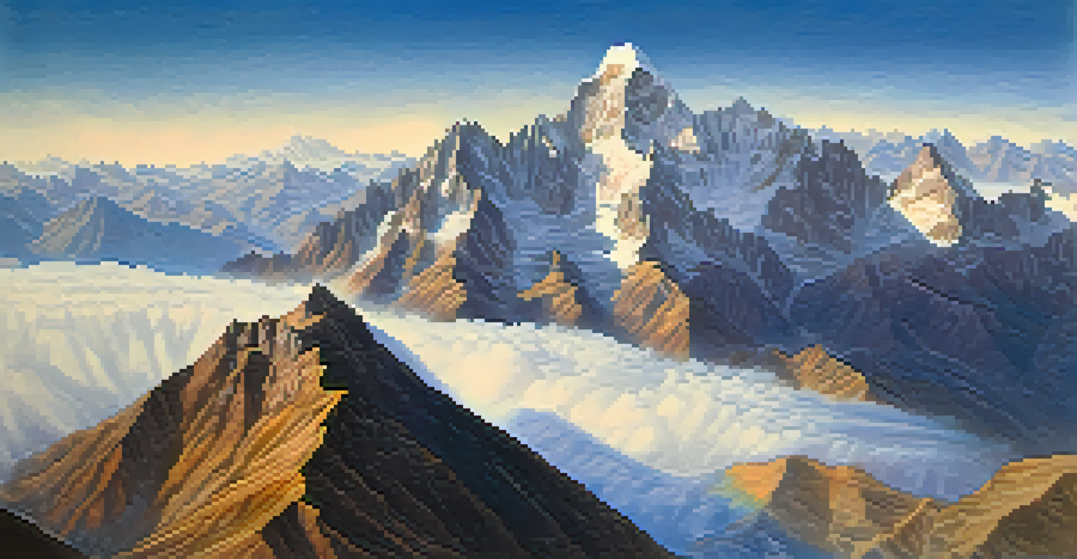 An aerial view of the Andes mountains from an airplane window, with clouds below and sunlight casting shadows on the peaks.