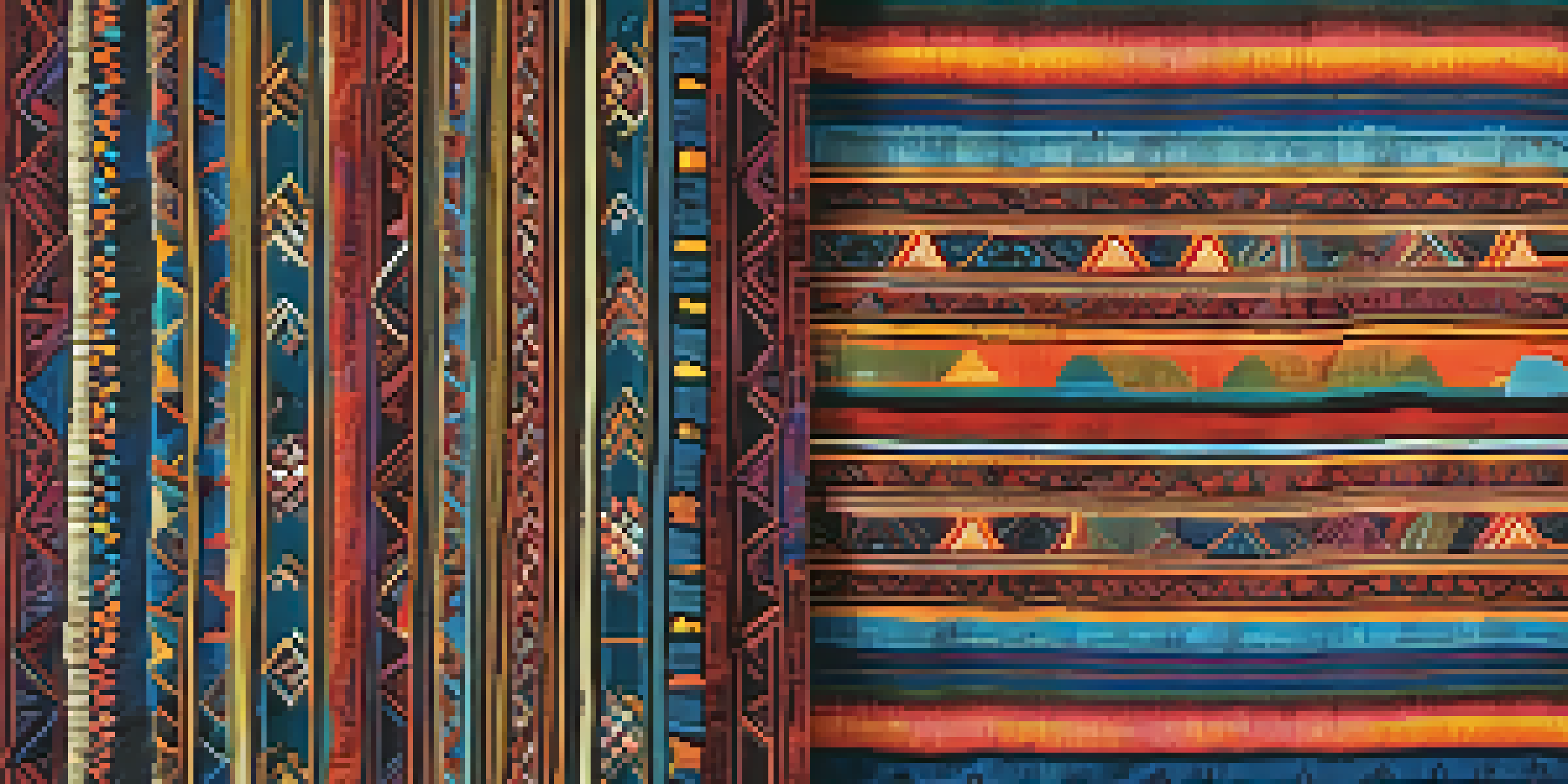 A colorful textile with geometric patterns inspired by Peruvian folk art, displayed against a wooden wall.