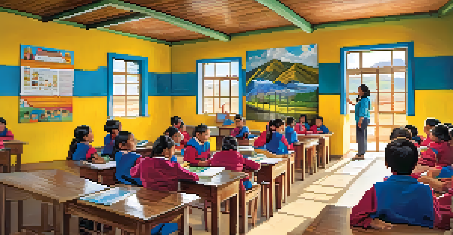 Children in a bright classroom filled with educational posters, happily learning in a newly constructed school in Peru.