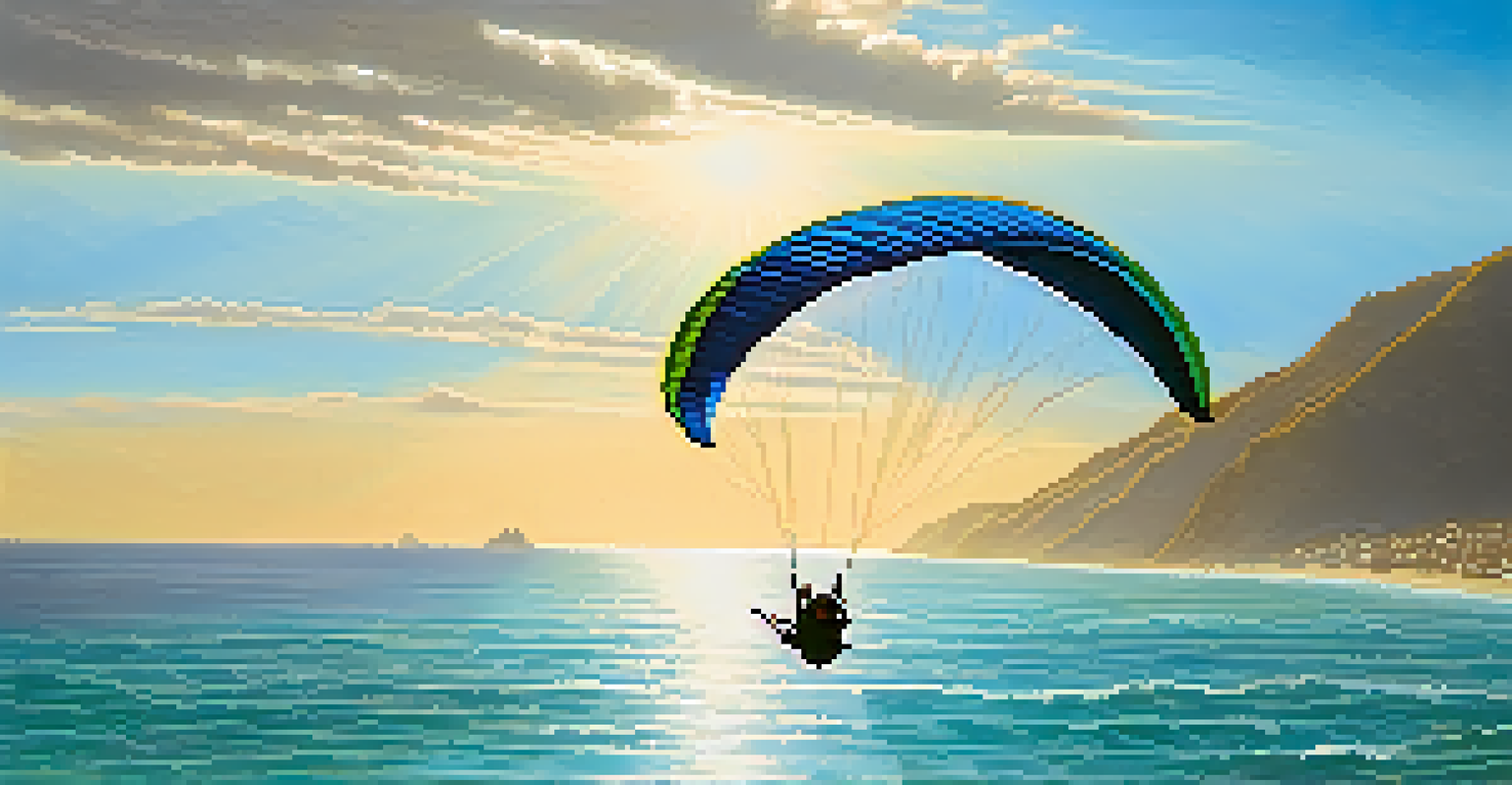 Paraglider flying over the turquoise waters of the Pacific Ocean near Lima, Peru, with sandy coastline and bright sunlight.