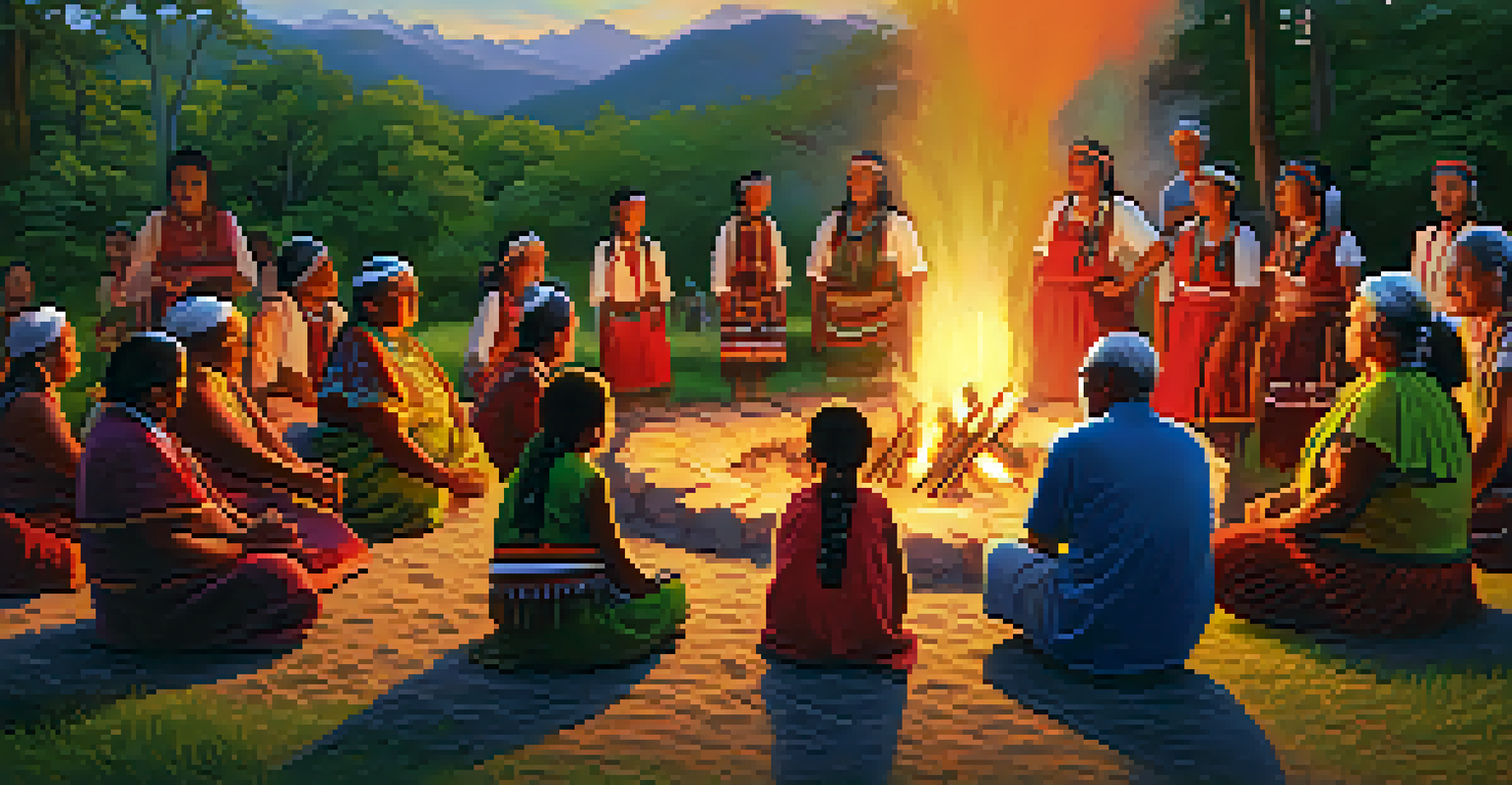 An Indigenous community gathering around a fire, sharing stories and dancing, with a beautiful sunset in the background.