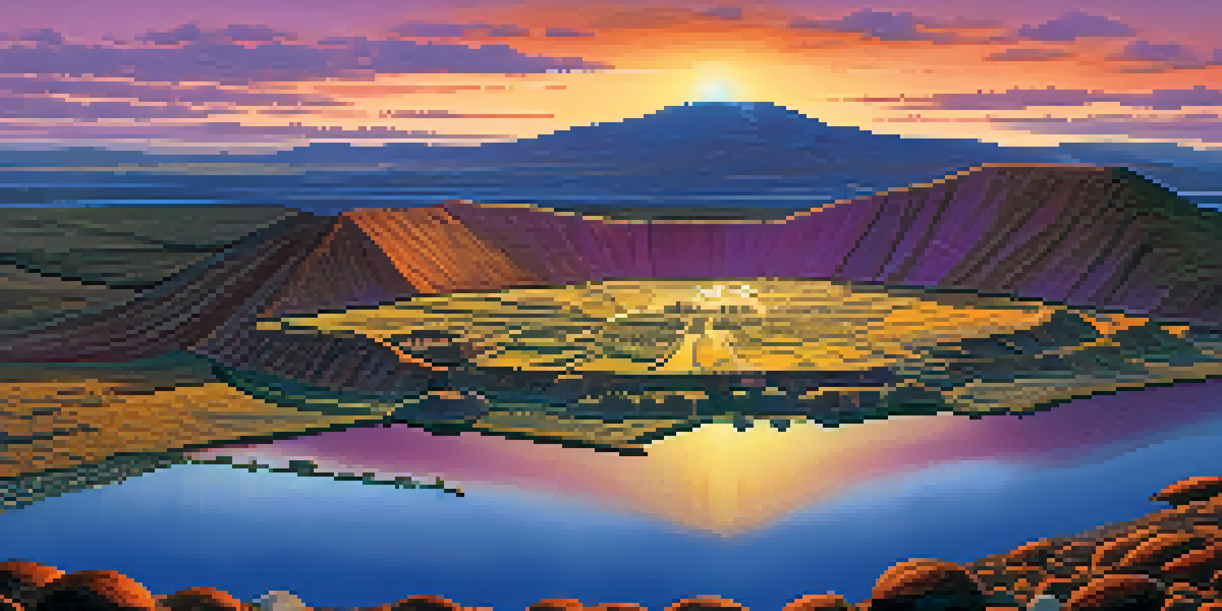 A scenic sunset view of the Sillustani archaeological site with ancient stone towers and Lake Umayo in the background, featuring vibrant colors in the sky.