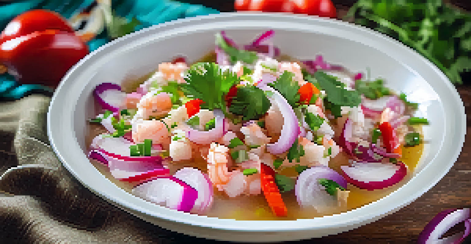 A close-up of a vibrant ceviche dish with fresh fish, aji peppers, and garnishes served in a traditional bowl on a rustic table.