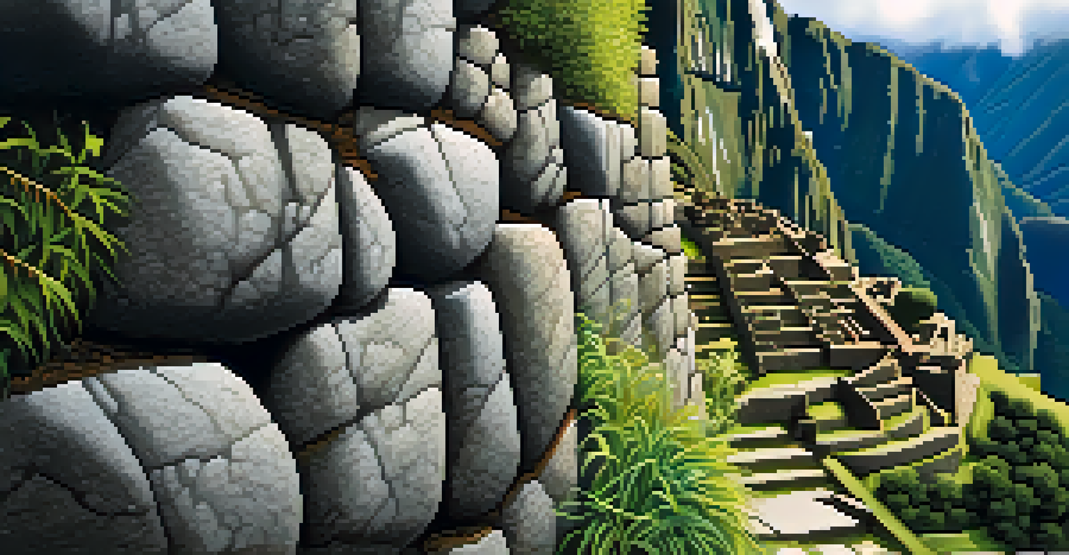 Close-up of a stone wall at Machu Picchu, showing detailed stonework with lush greenery in the background.