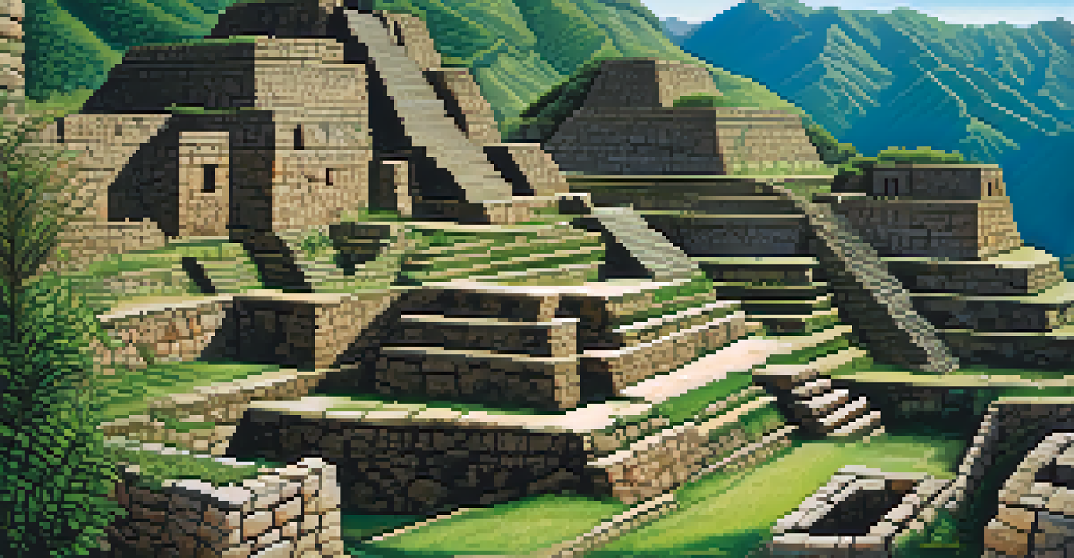 Detailed stonework of an Inca ruin with terraced fields and greenery.