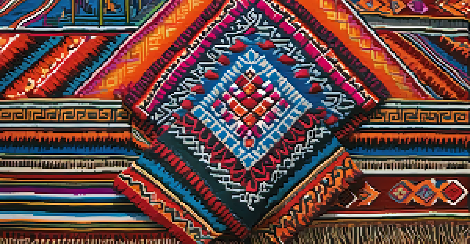 A close-up view of a colorful Peruvian textile showcasing intricate patterns and textures, representing nature and mythology.