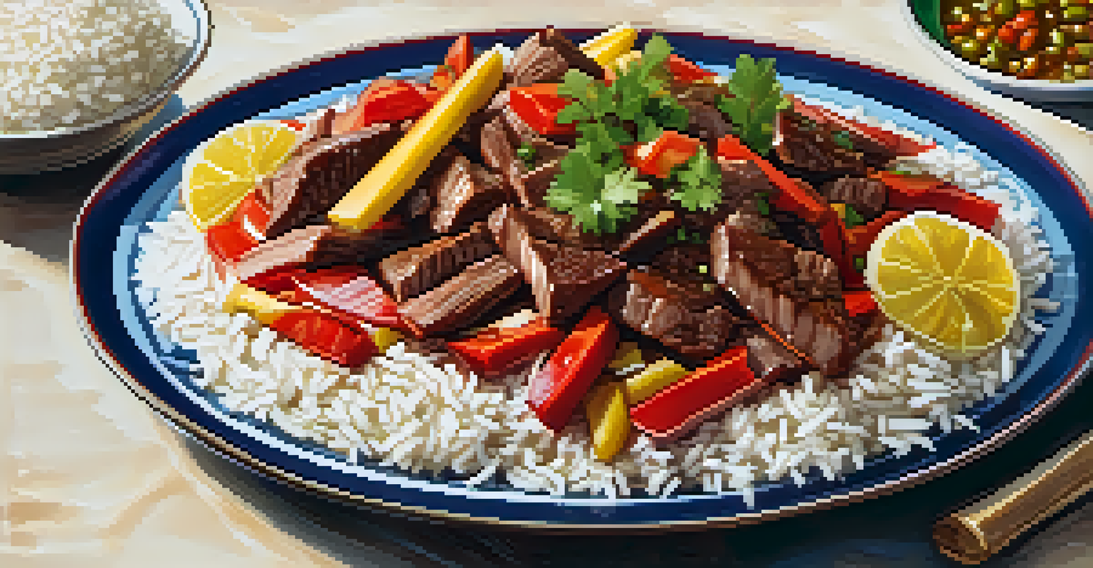 A plate of Lomo Saltado with beef, onions, tomatoes, French fries, and rice on a colorful ceramic plate.