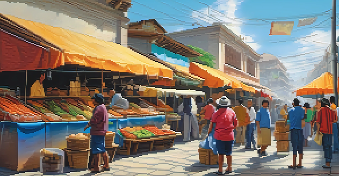 A busy Peruvian street food market with colorful stalls and vendors serving freshly cooked food to customers, under a clear blue sky.
