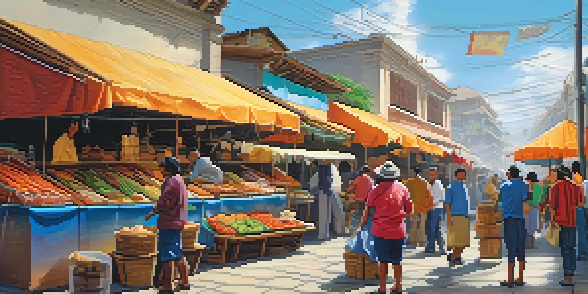 A busy Peruvian street food market with colorful stalls and vendors serving freshly cooked food to customers, under a clear blue sky.