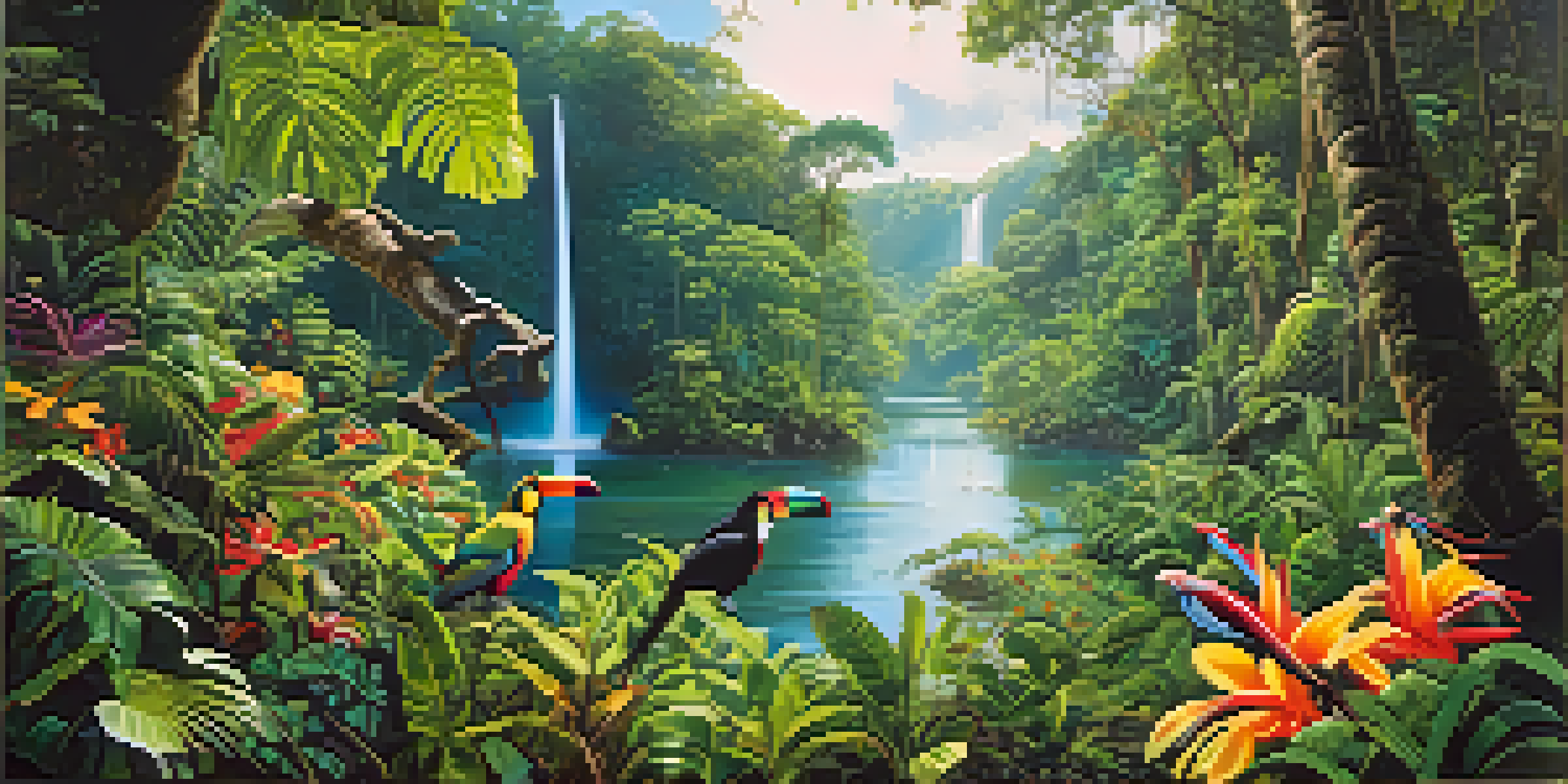 A colorful depiction of the Amazon rainforest with trees, flowers, toucans, and monkeys, illuminated by sunlight filtering through the leaves.