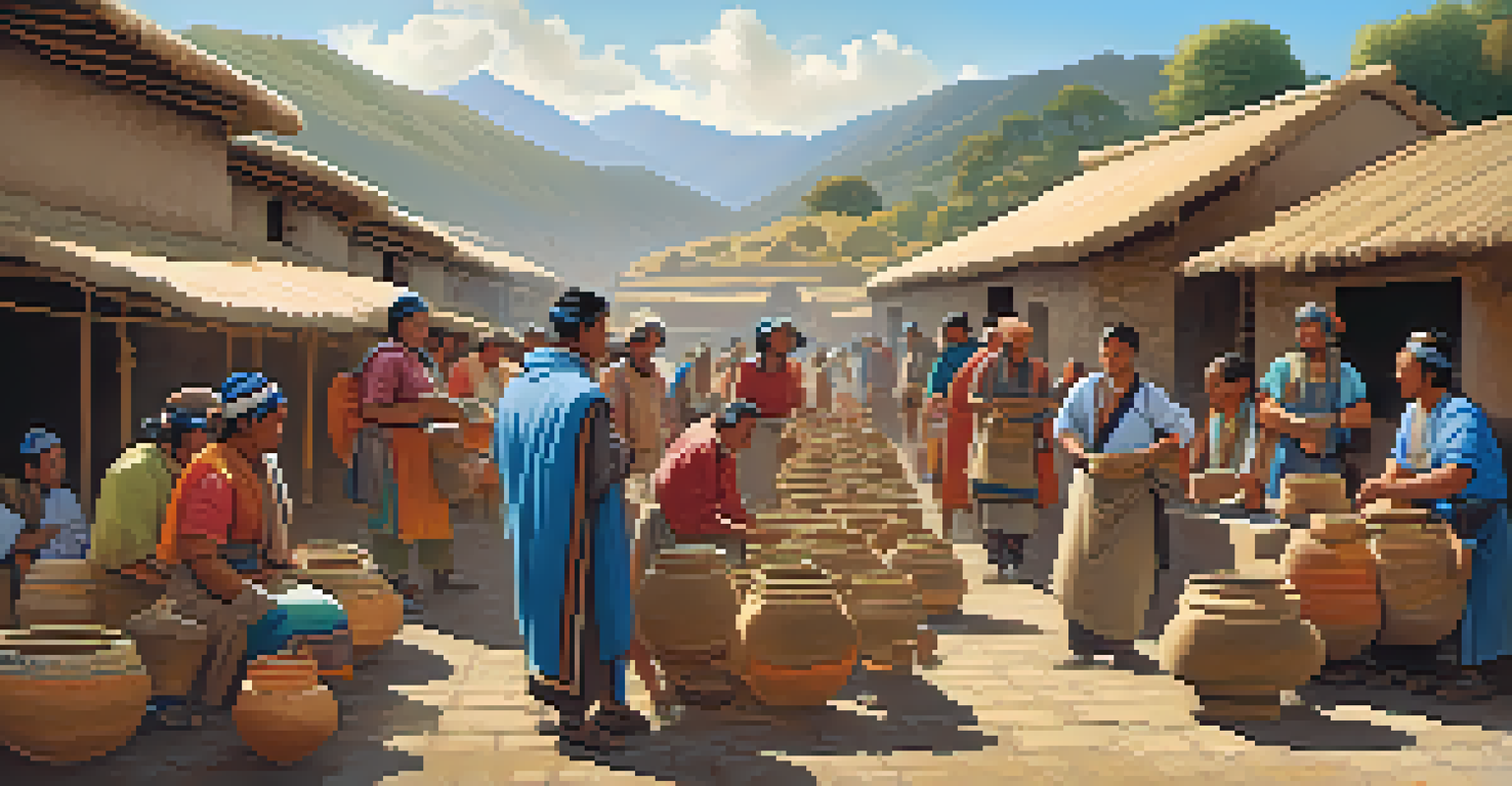 A lively trade scene at Chavin de Huantar with merchants exchanging pottery and textiles, surrounded by people and the site's architecture.
