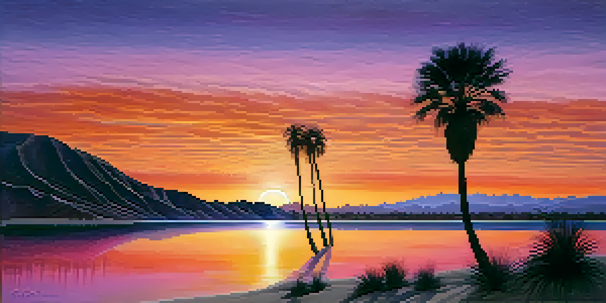 A picturesque desert oasis in Peru with a calm lagoon and tall sand dunes during sunset, featuring palm trees in the foreground.