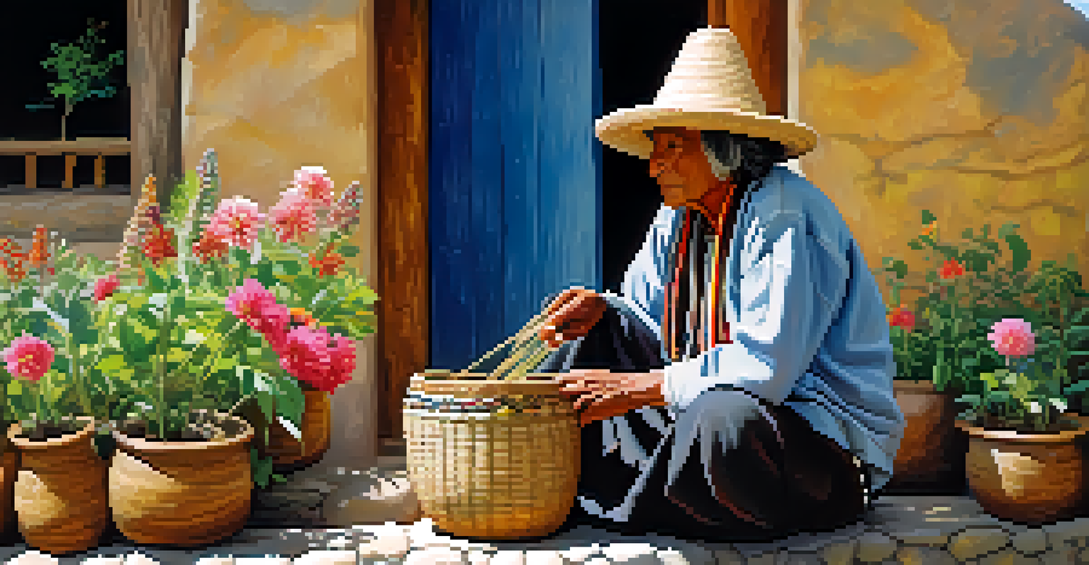 An elderly Quechua man weaving a basket outside a stone house in an Andean village with mountains in the background.