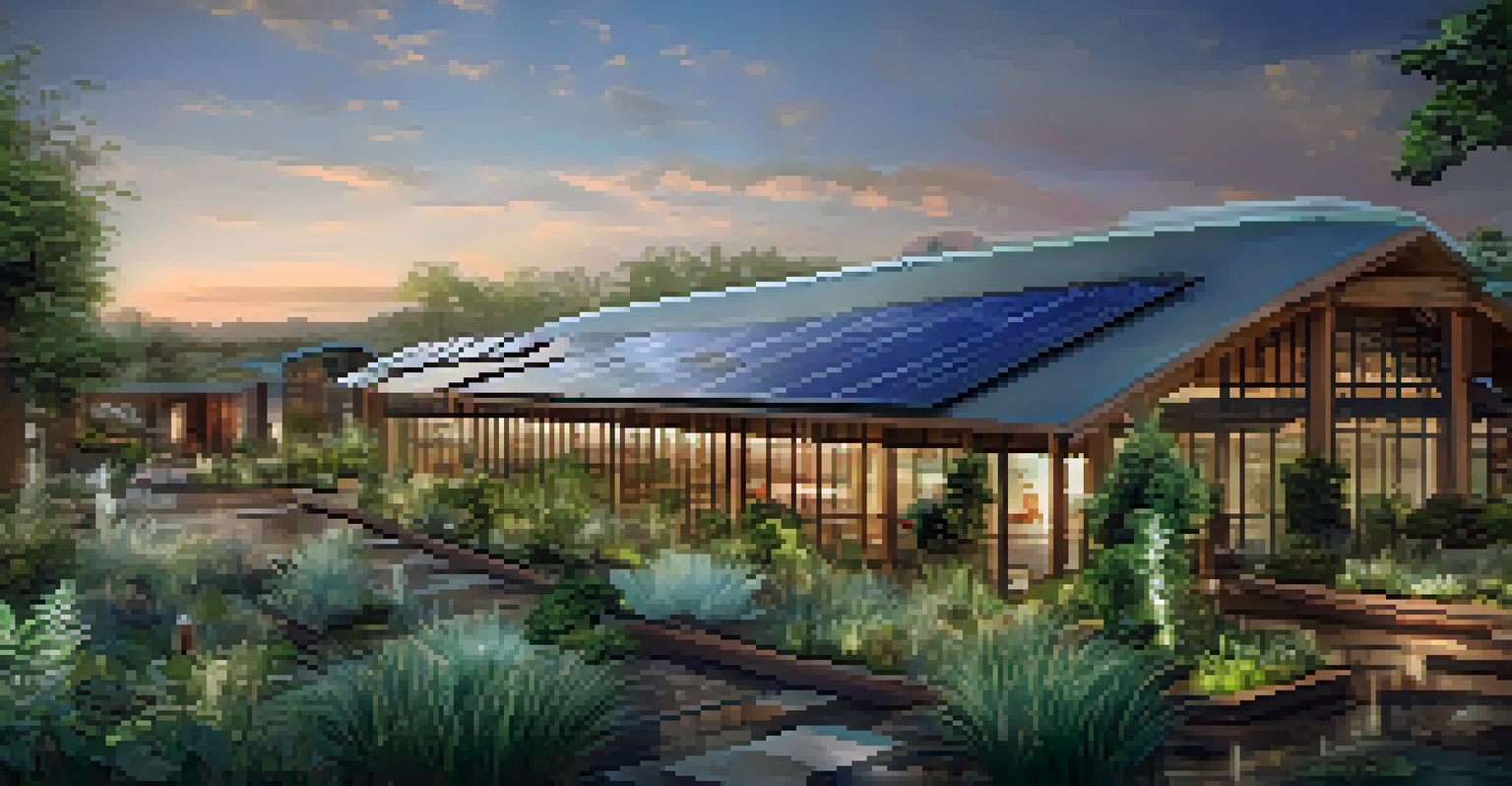 A modern eco-friendly hotel with solar panels surrounded by a garden, illuminated by evening lights.