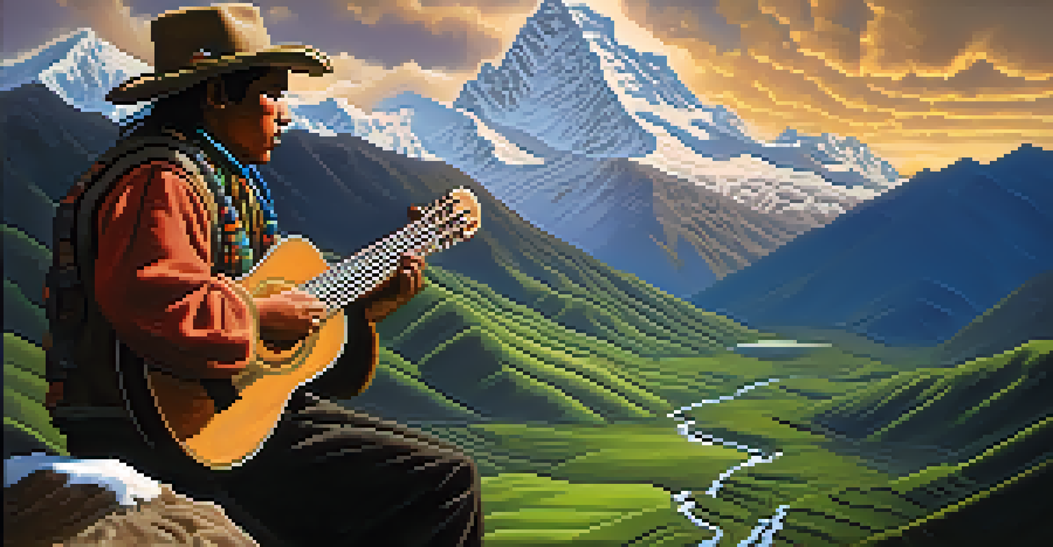 A musician playing the charango and another playing the pan flute against the backdrop of the Andean mountains, with soft sunlight illuminating the landscape.