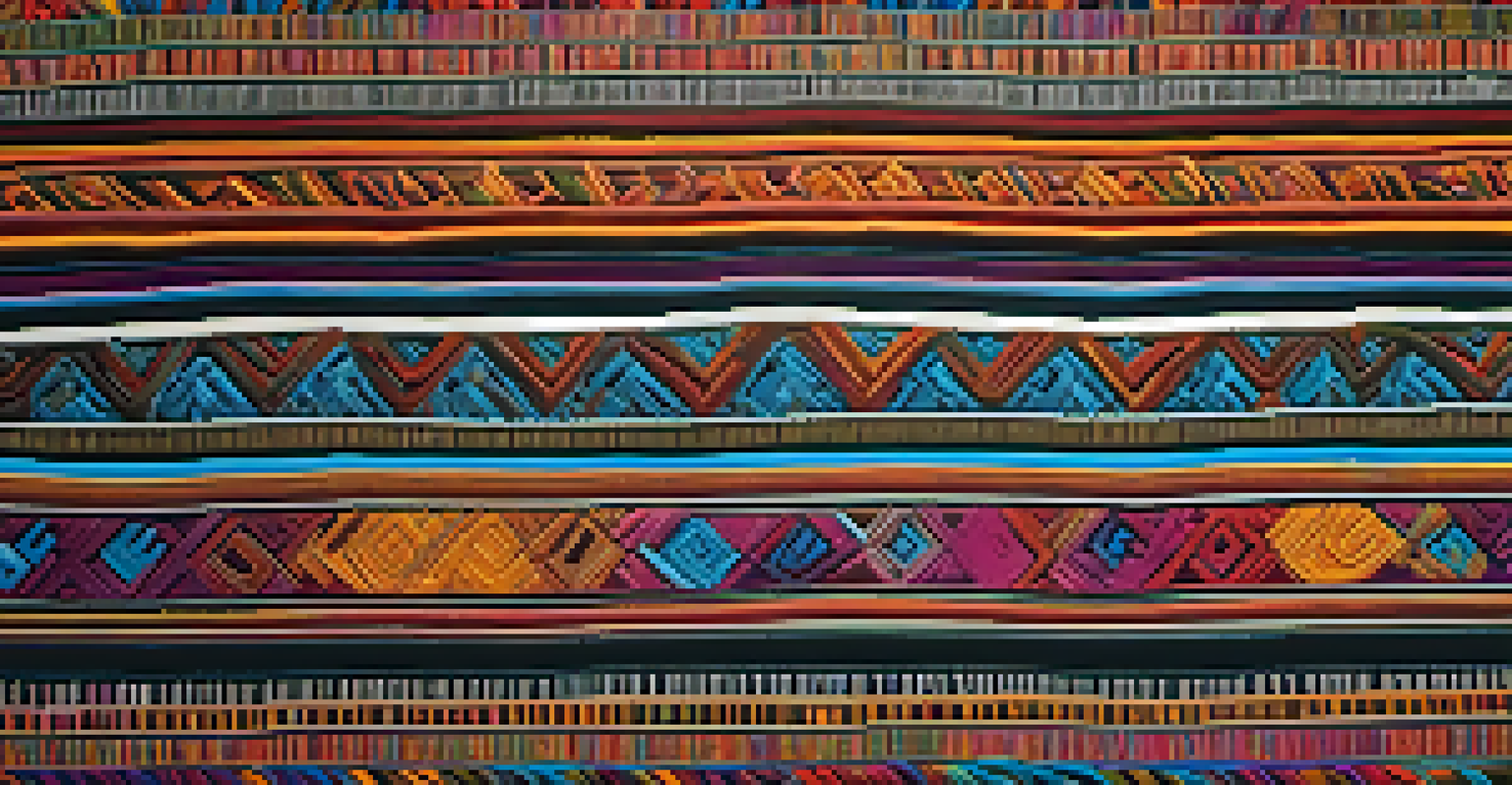 Close-up of a colorful woven textile from Peru, showcasing intricate patterns and textures, with a blurred background.