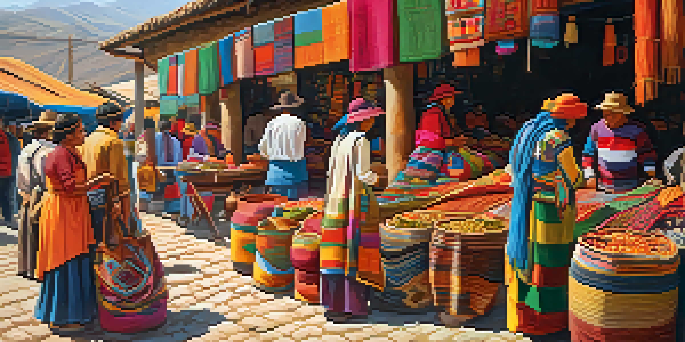 A lively Peruvian market filled with colorful textiles and pottery, with artisans at work.
