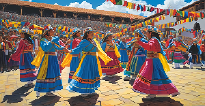 Dancers in colorful traditional costumes performing at the Inti Raymi festival in Cusco, Peru, with the Andes mountains in the background.