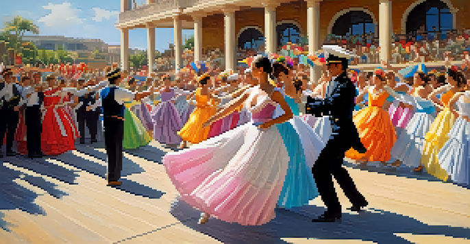 Dancers in colorful costumes performing the Marinera dance on a coastal stage, waving handkerchiefs and engaging with each other amid a festive atmosphere.