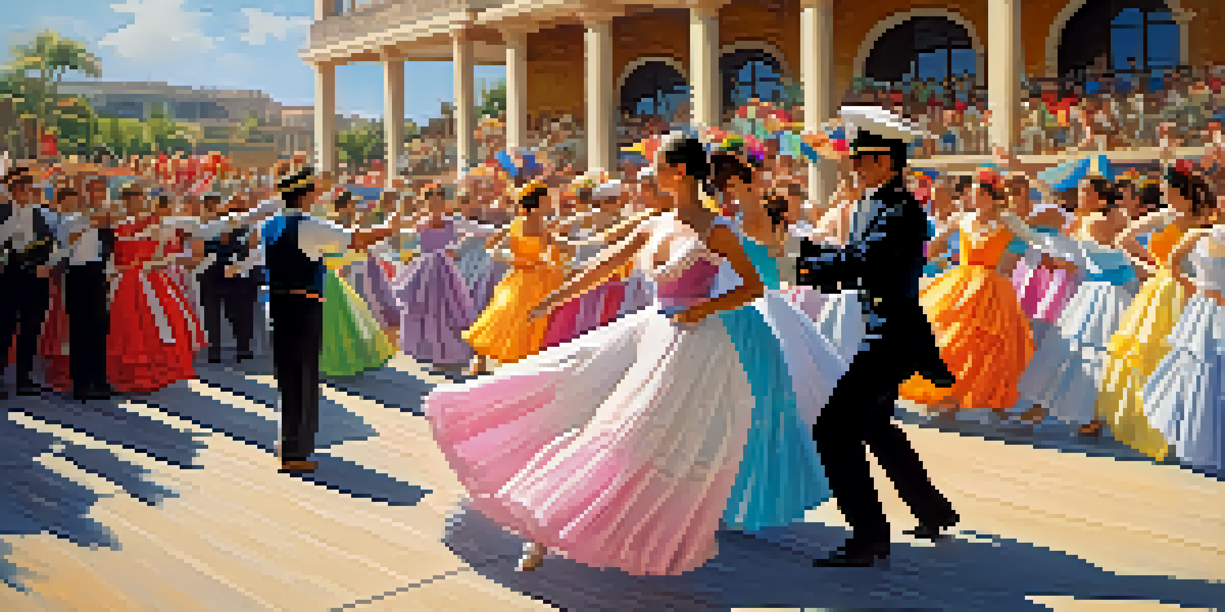 Dancers in colorful costumes performing the Marinera dance on a coastal stage, waving handkerchiefs and engaging with each other amid a festive atmosphere.